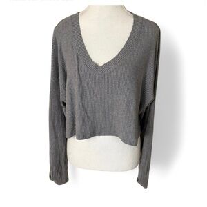 JOAH BROWN Grey Long Sleeve Ribbed‎ Crop Top OS